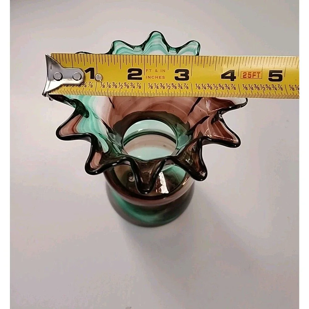 Vintage Art Glass Vase Green Brown Amethyst Swirl Ruffled